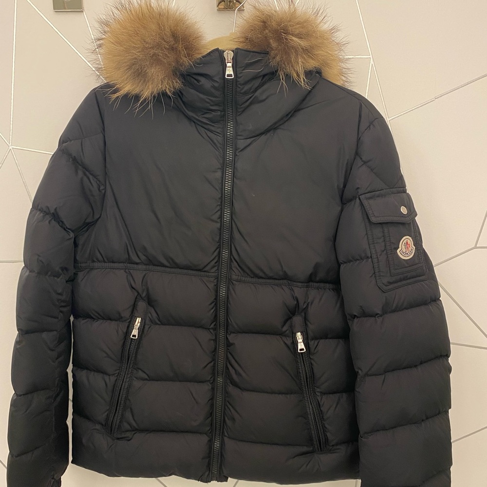 kids black moncler puffer jacket with removable fur hood